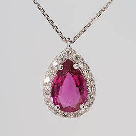 14K White Gold Drop Pendant : 1.28 cttw Pink Tourmaline & Diamonds