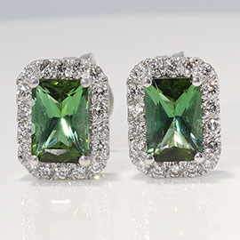 14K White Gold Halo Stud Earrings : 1.38 cttw Tourmalines & Diamonds