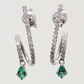 14K White Gold Hoop Earrings : 0.50 cttw Emeralds & Diamonds